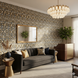 Aurum Maze Wallpaper featuring a geometric pattern with gold and black details.