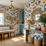 Colorful patterned wallpaper by Wallshoppe, featuring illustrated palm trees, beach umbrellas, and retro sunglasses in a modern style.
