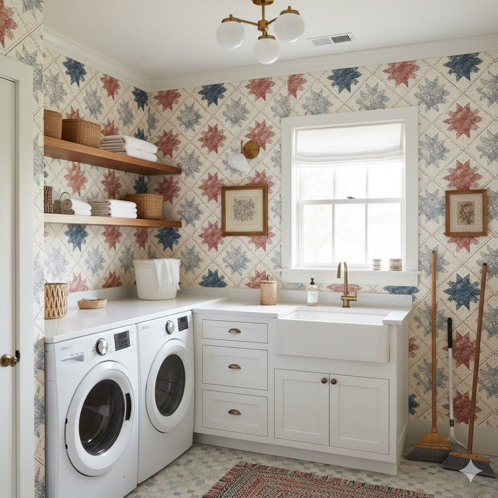 Heirloom Quilt Stars Wallpaper with red and blue star pattern on a cream background.