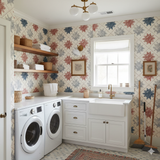 Heirloom Quilt Stars Wallpaper with red and blue star pattern on a cream background.