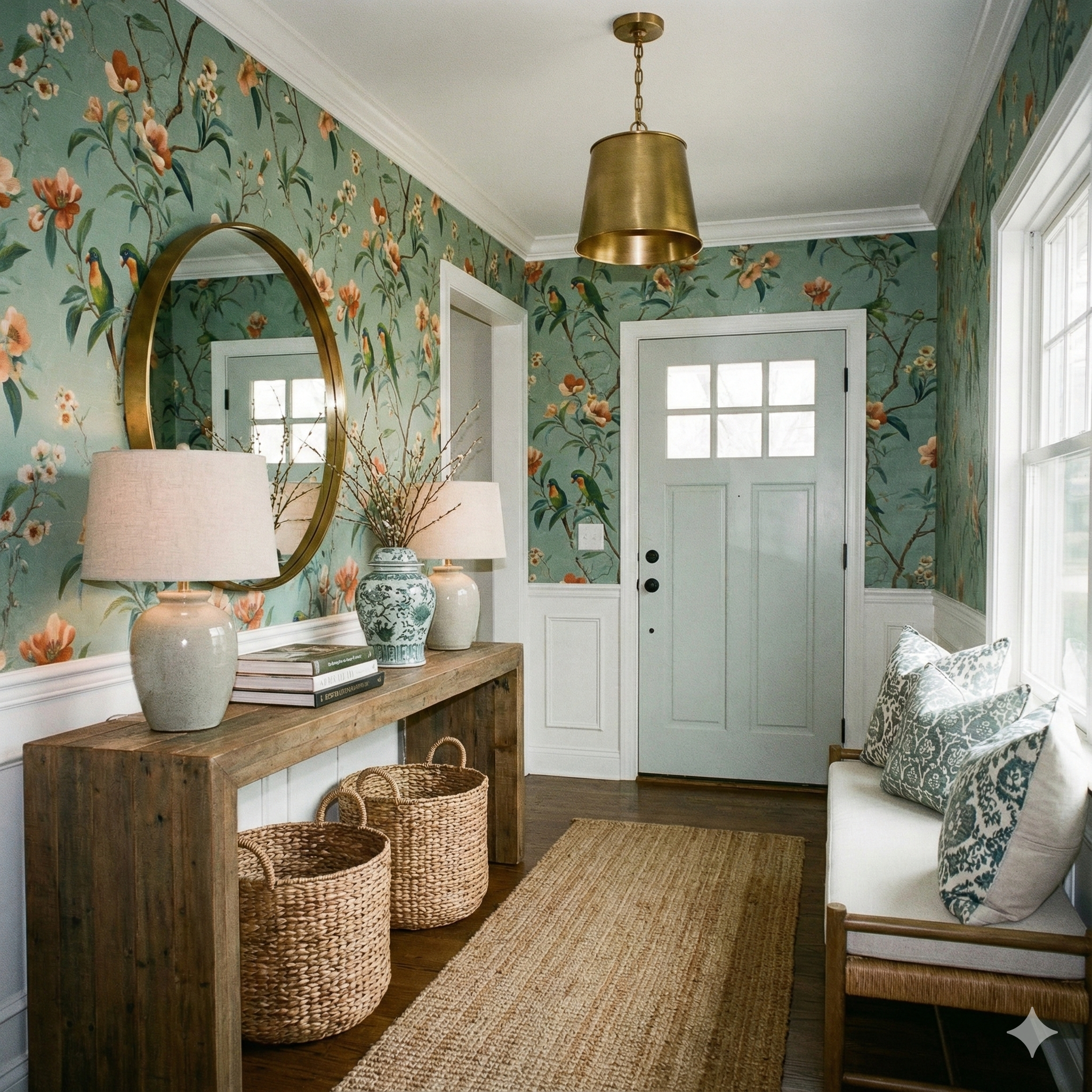 Verdant Lyric Grove Wallpaper with bird and floral patterns, decorating an entryway above white wainscoting.
