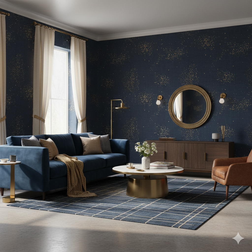 Celestial Veil wallpaper with gold speckles on a dark blue background.