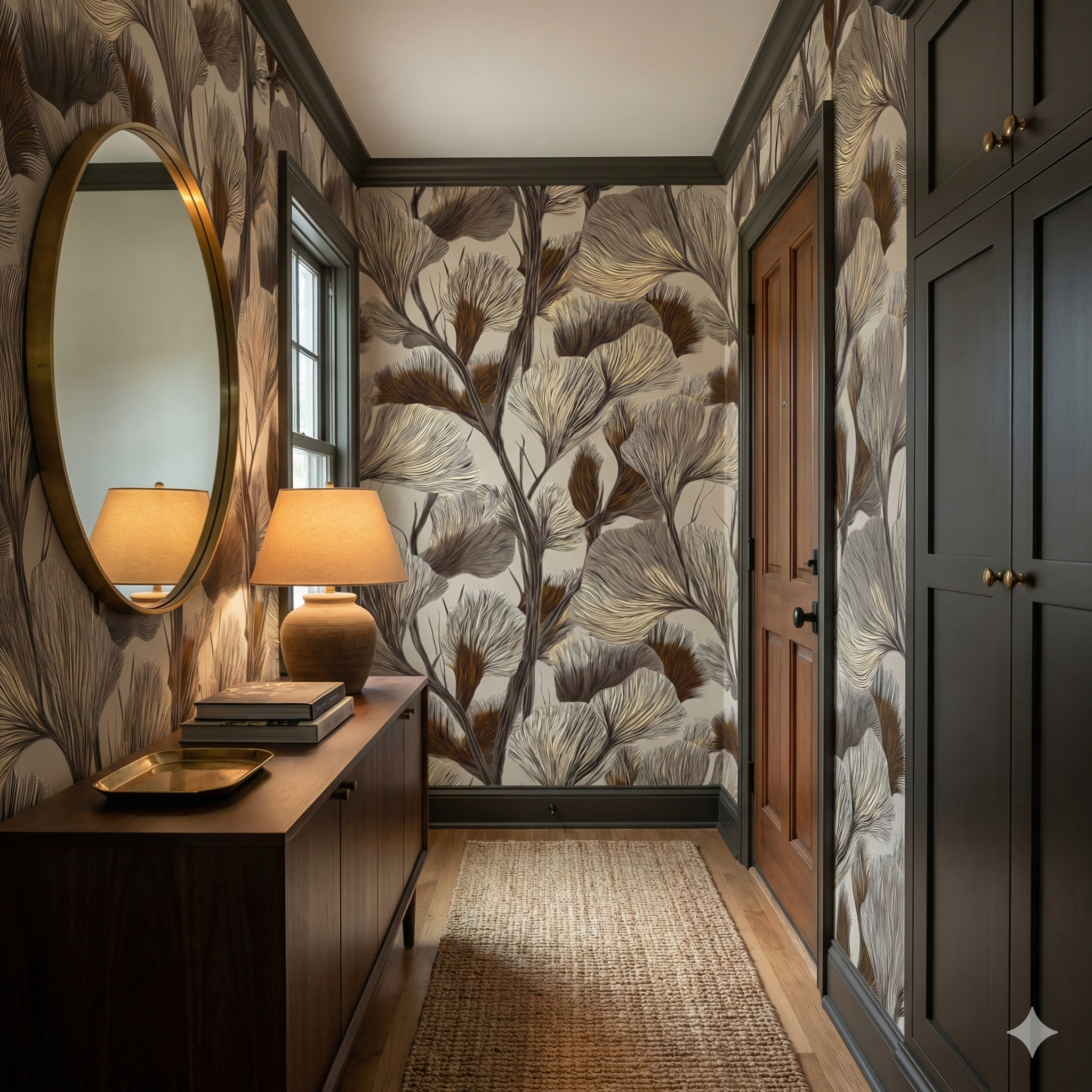 Thicket Vein wallpaper with ginkgo leaf pattern, styled in a moody hallway with dark millwork.
