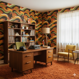 Retro orange, brown, and green wave patterned wallpaper creating a groovy room ambiance.
