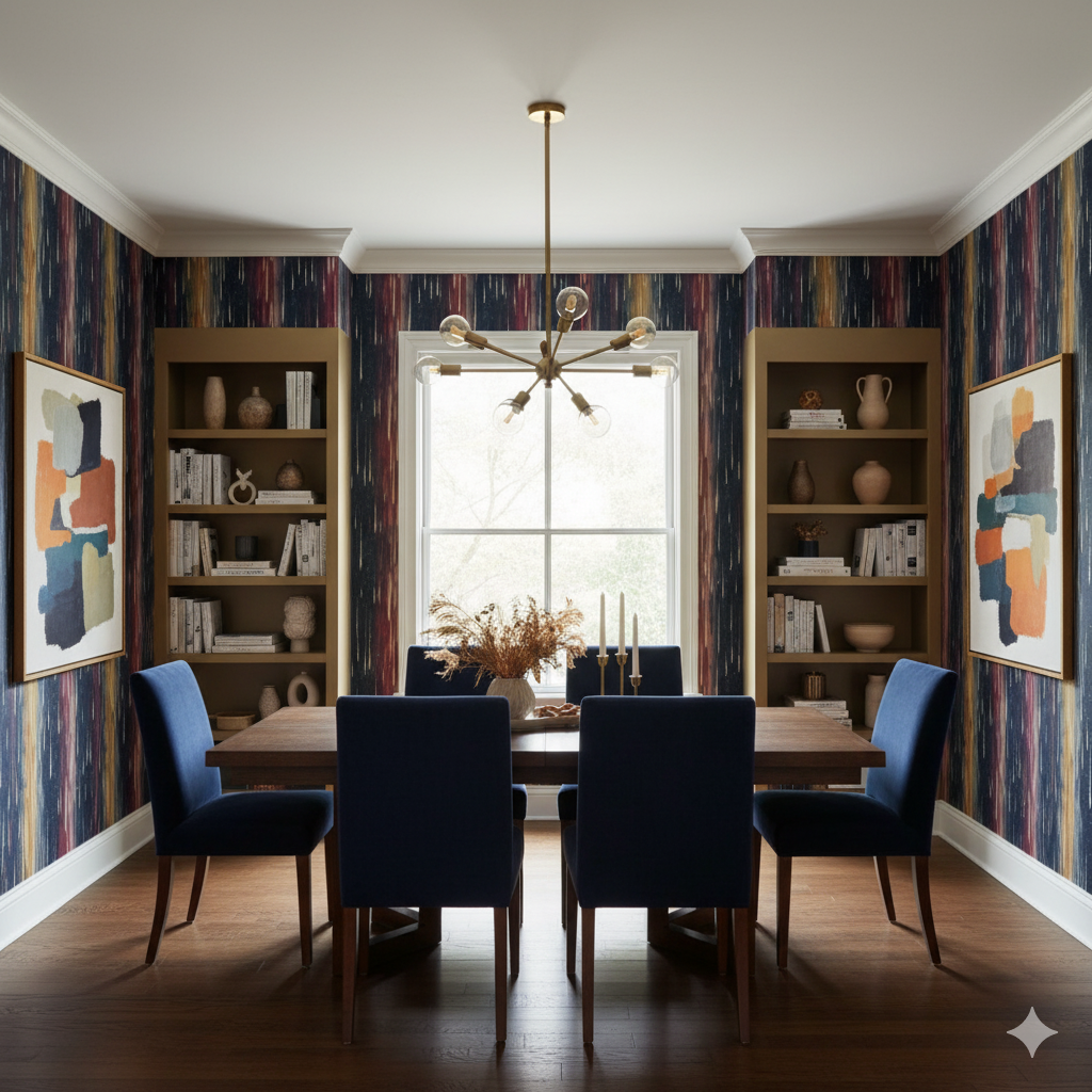 Falling Ember Skies wallpaper with colorful vertical stripes and built-in shelving in a dining room.

