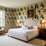 Regency Spaniel wallpaper with repeated dog portraits, gold accents, and light green background.