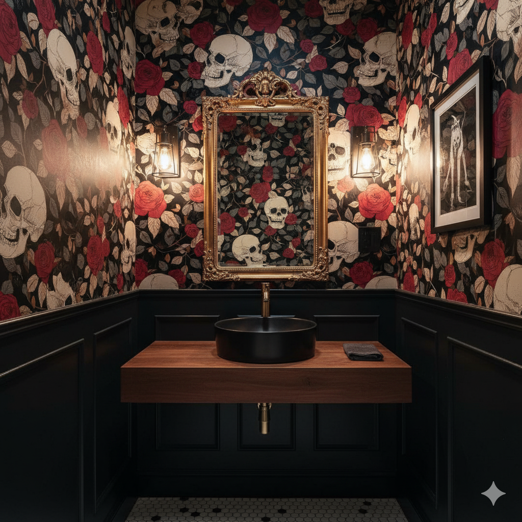 Skull and rose pattern wallpaper with gothic style details, ornate gold mirror and black wainscoting.