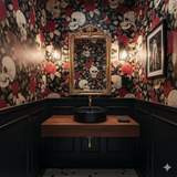 Skull and rose pattern wallpaper with gothic style details, ornate gold mirror and black wainscoting.