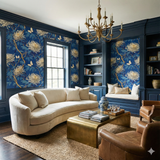 Blue parliament wallpaper with a floral pattern and butterfly detail.