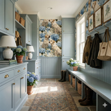 Hyacinth Reverie Wallpaper with dog and floral pattern, covering an accent wall in a blue mudroom.