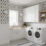 Atlas Diamond Wallpaper featuring a geometric diamond pattern, with blue and gray tones.

