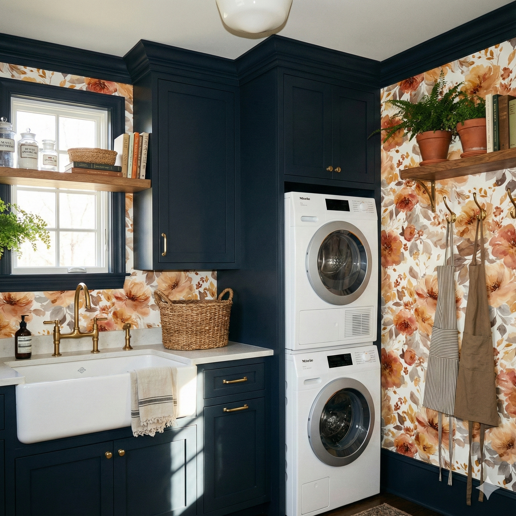 Floral wallpaper by Wallshoppe featuring blush and brown floral pattern, in a laundry room setting.