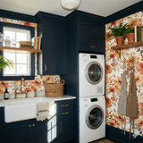 Floral wallpaper by Wallshoppe featuring blush and brown floral pattern, in a laundry room setting.