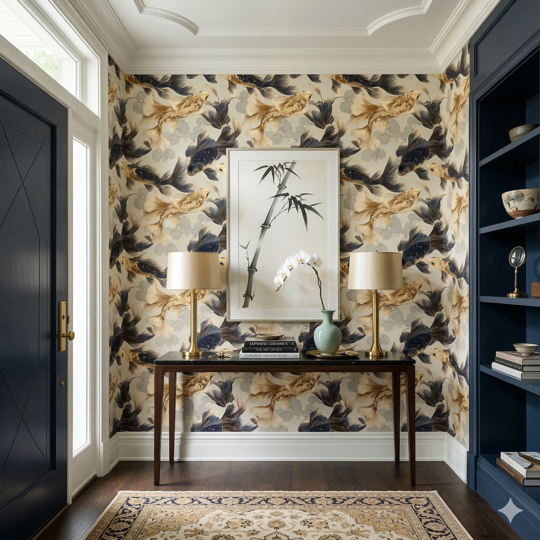 Gilded koi wallpaper with neutral tones and koi fish pattern, covering the walls behind a wooden console table.