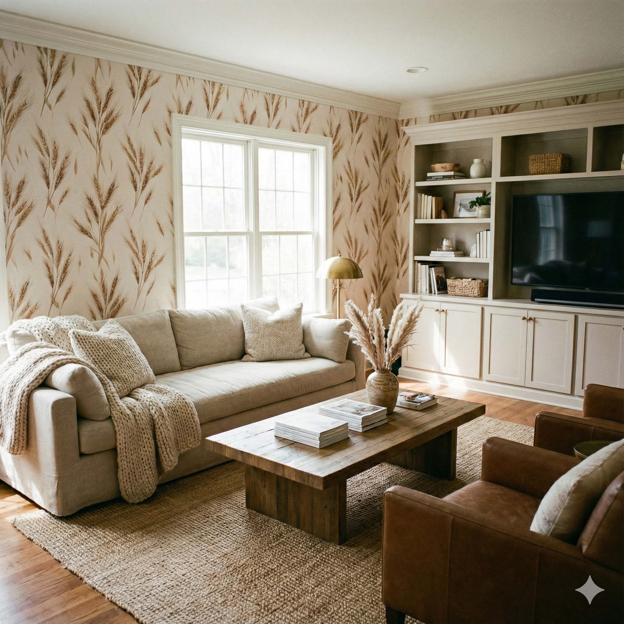 Harveston Rye Wallpaper with a wheat stalk pattern covering the walls, visible in a living room setting.