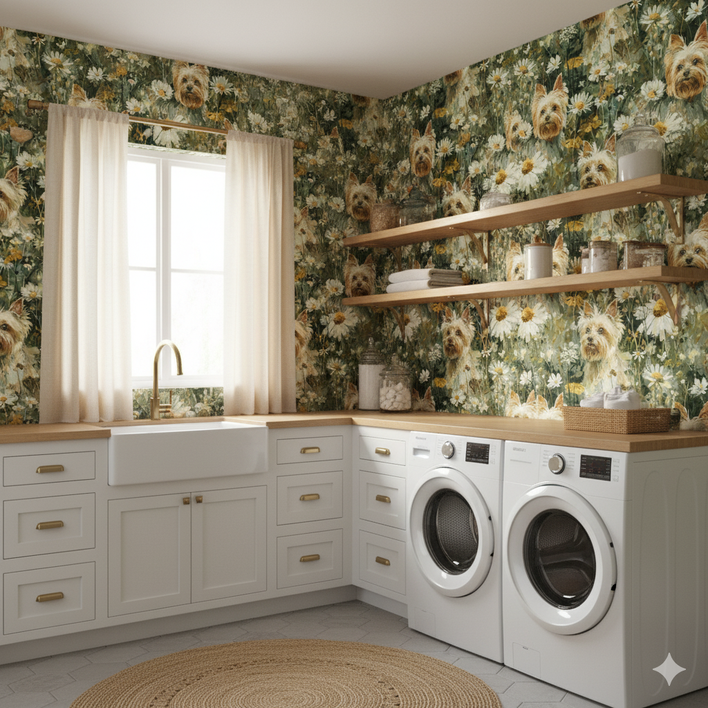 Meadow Yorkie wallpaper with a daisy pattern, dog faces throughout, in a green palette.
