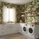 Meadow Yorkie wallpaper with a daisy pattern, dog faces throughout, in a green palette.
