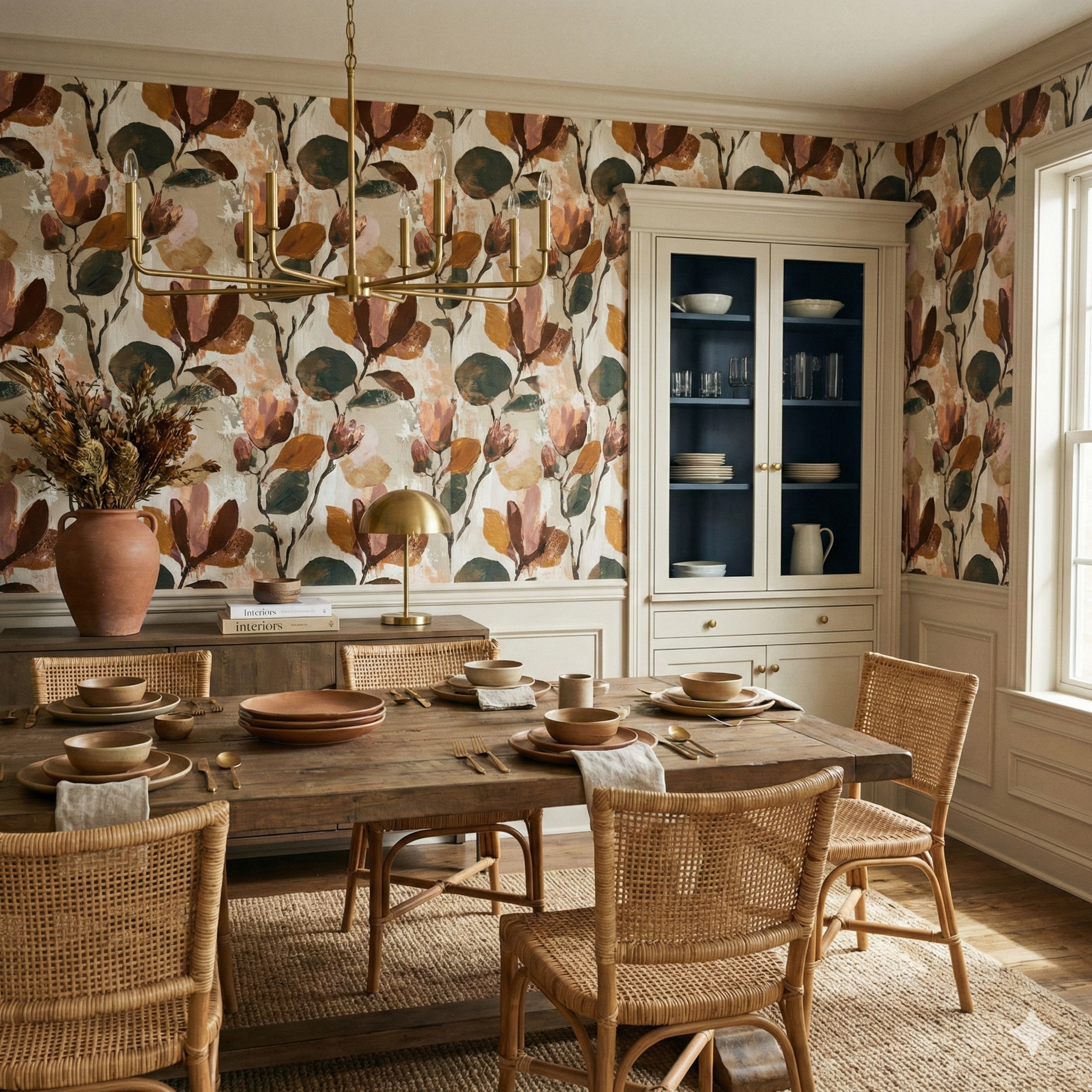Floral Wild Bloom Wallpaper with earth tones and botanical pattern, across an entire dining room wall.