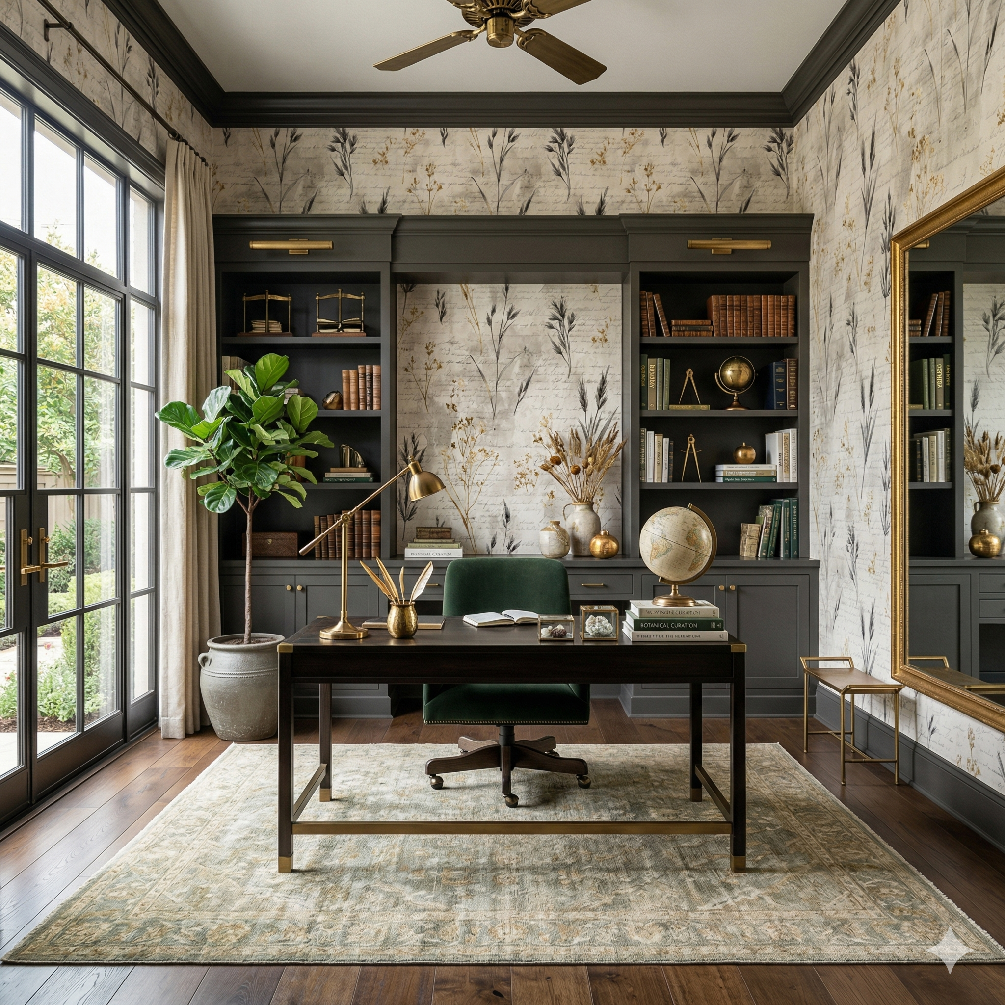 Palimpsest Prairie wallpaper with botanical pattern, decorated with a desk, chair, and shelves.