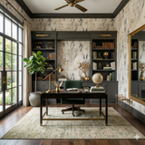 Palimpsest Prairie wallpaper with botanical pattern, decorated with a desk, chair, and shelves.