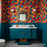 Mosaic patterned wallpaper with abstract geometric design, featuring squares of orange, yellow, teal, and red.
