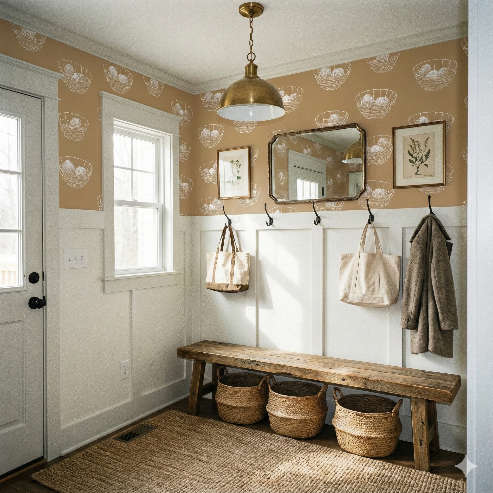 Basket of Orlaine Wallpaper with basket pattern on tan background, in a traditionally styled entryway.
