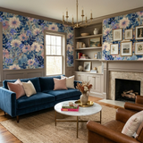Floral Bluehaven Meadow Wallpaper from York Wallcoverings with a pattern of large colorful flowers on a textured background.
