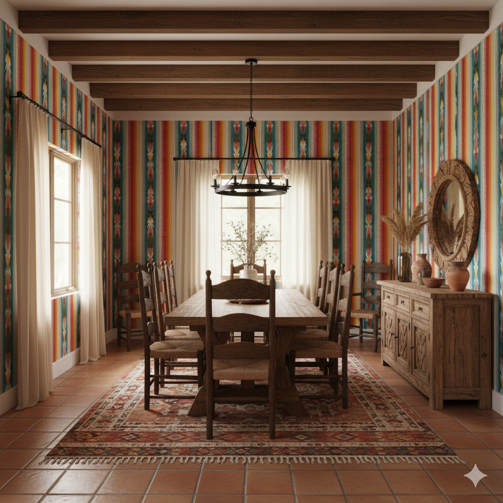 Rio Grande Stripe Wallpaper featuring colorful vertical stripes with Native American inspired patterns.