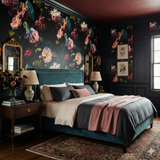 Floral Rococo Drift Wallpaper with dark background, featuring pink, red, and white flowers and green leaves.