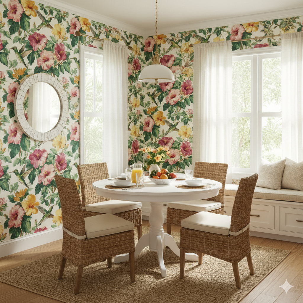 Floral Solera Hibiscus Wallpaper with a pattern of pink and yellow flowers and hummingbirds.
