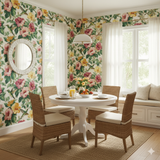 Floral Solera Hibiscus Wallpaper with a pattern of pink and yellow flowers and hummingbirds.
