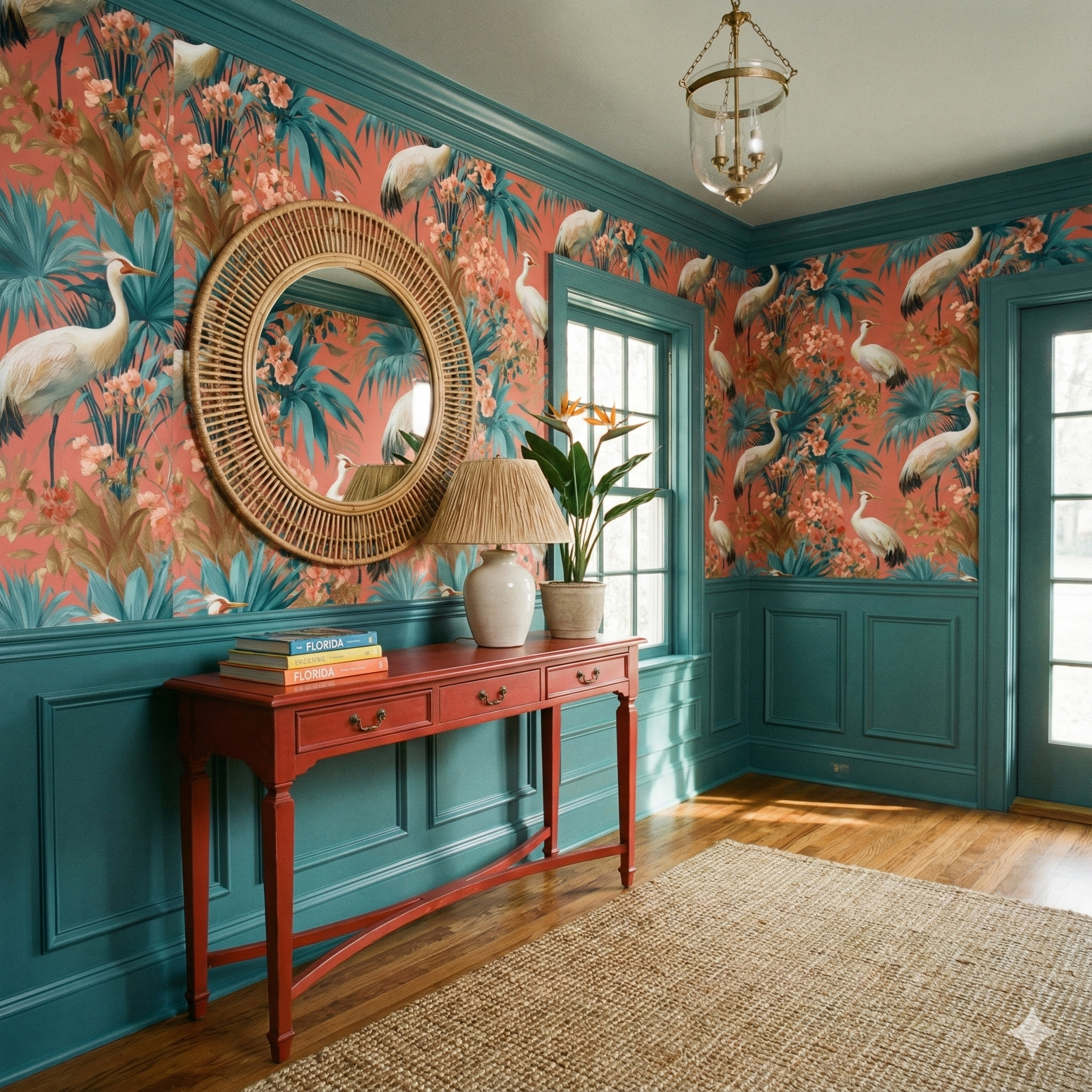 Coral estate wallpaper featuring a crane, floral, and leaf pattern on a coral background.

