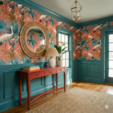 Coral estate wallpaper featuring a crane, floral, and leaf pattern on a coral background.
