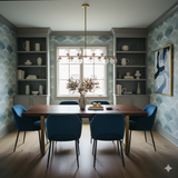 Tidal Echo Crest Wallpaper with blue wave pattern, shown on the walls of a dining room.