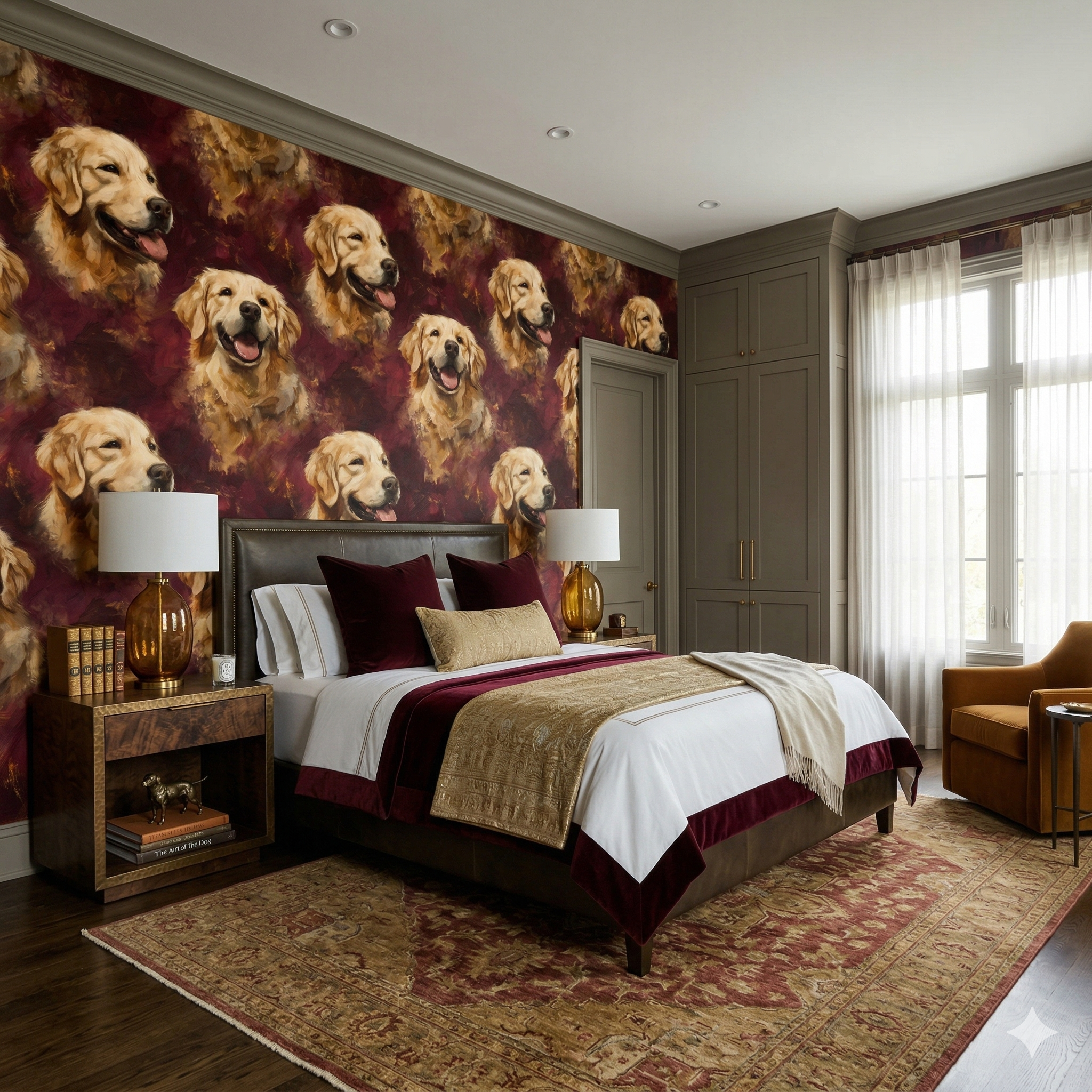 Brindle Reverie Wallpaper with dog portrait pattern on an accent wall behind a staged bed.