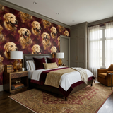 Brindle Reverie Wallpaper with dog portrait pattern on an accent wall behind a staged bed.