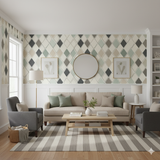 Paragon Tile Wallpaper with tile diamond pattern, in a room setting on the upper half of the wall.
