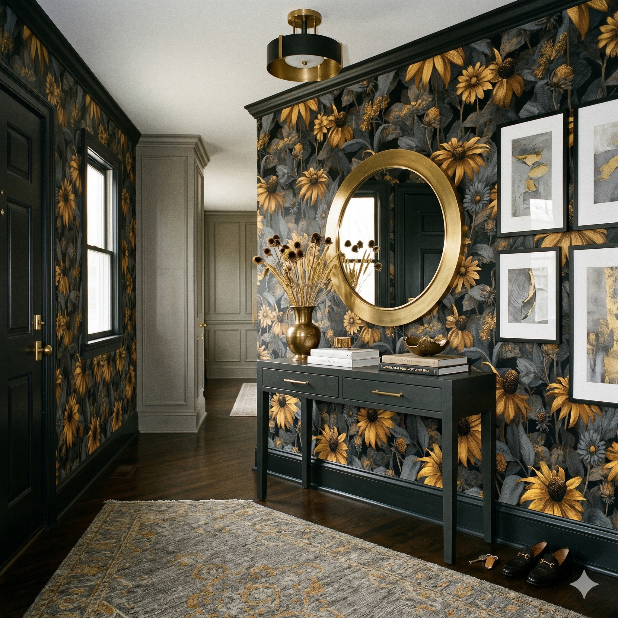 Floral wallpaper with dark background from Nocturne Helianthus, featuring gold sunflower pattern.