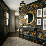 Floral wallpaper with dark background from Nocturne Helianthus, featuring gold sunflower pattern.