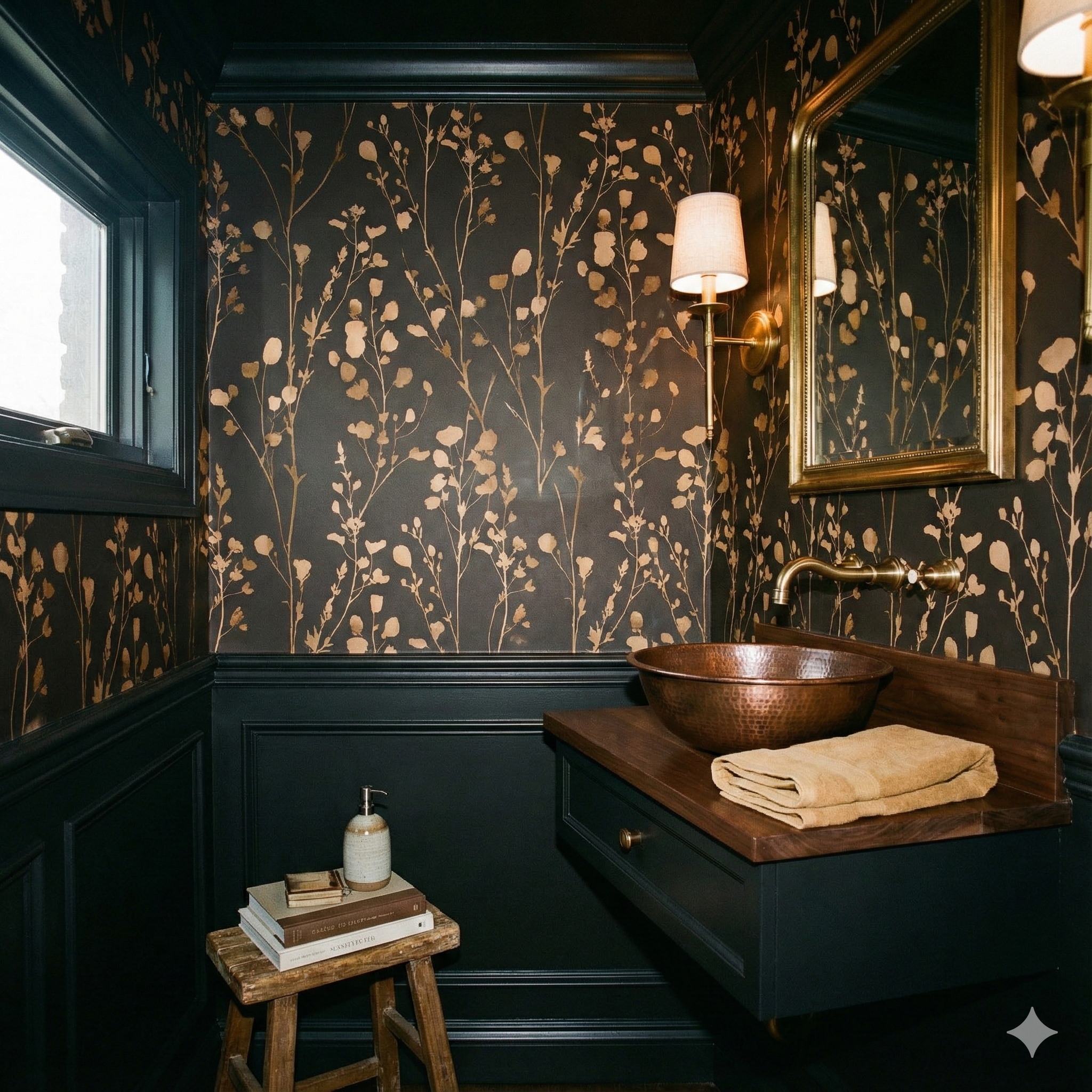 Nocturne wallpaper by Emberline with a dark background and metallic gold floral pattern in a powder room setting.
