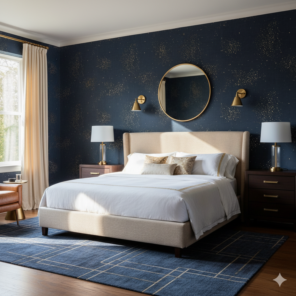 Celestial Veil wallpaper with blue background from Seabrook, with gold starburst pattern.