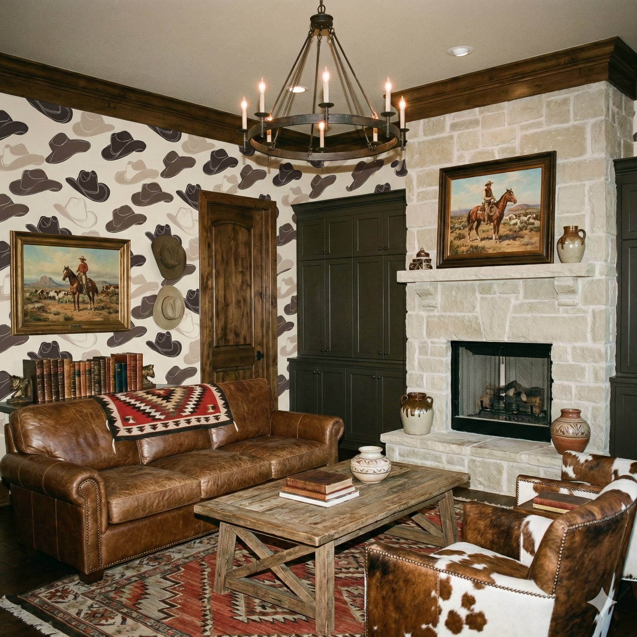 Cowboy hat print wallpaper with brown trim and western-themed decor.