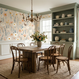 Bloomfield Meadow Wallpaper with a floral and butterfly pattern on a beige background.
