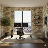Mediterranean Olive Grove wallpaper with tree pattern on the walls in a naturally lit office.