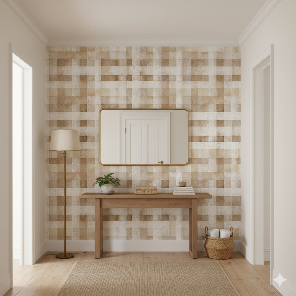 Beige patterned wallpaper with a checkered design on a textured wall.
