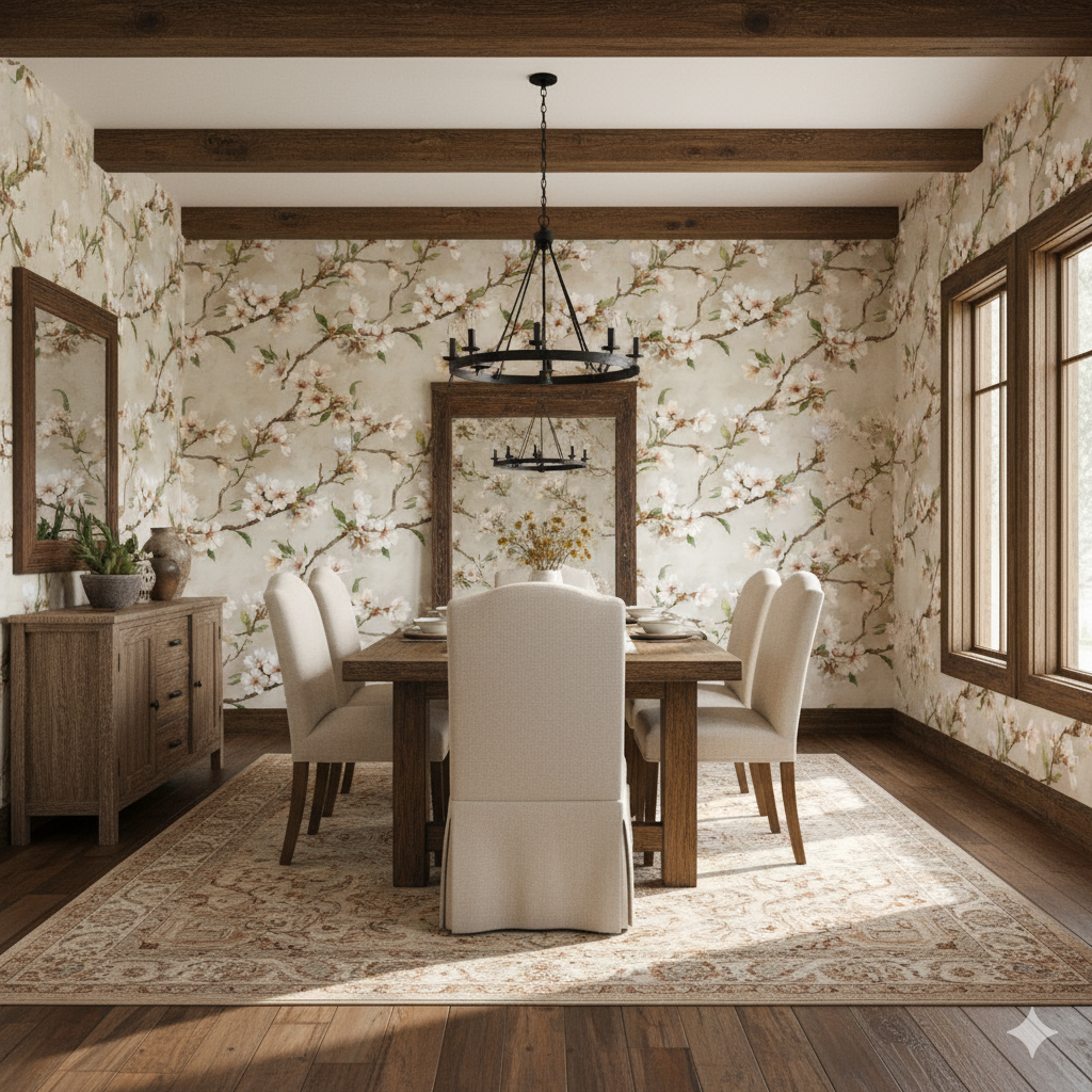 Whisper almond wallpaper featuring a blossoming floral pattern, set in a formal dining room with a dark wood table and chairs.