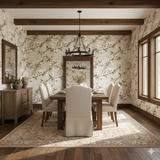 Whisper almond wallpaper featuring a blossoming floral pattern, set in a formal dining room with a dark wood table and chairs.