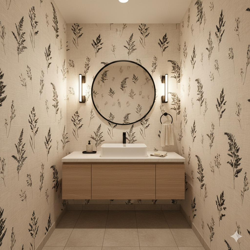 Ashen Ferns wallpaper with a black and white botanical pattern, covering a bathroom wall.