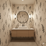 Ashen Ferns wallpaper with a black and white botanical pattern, covering a bathroom wall.