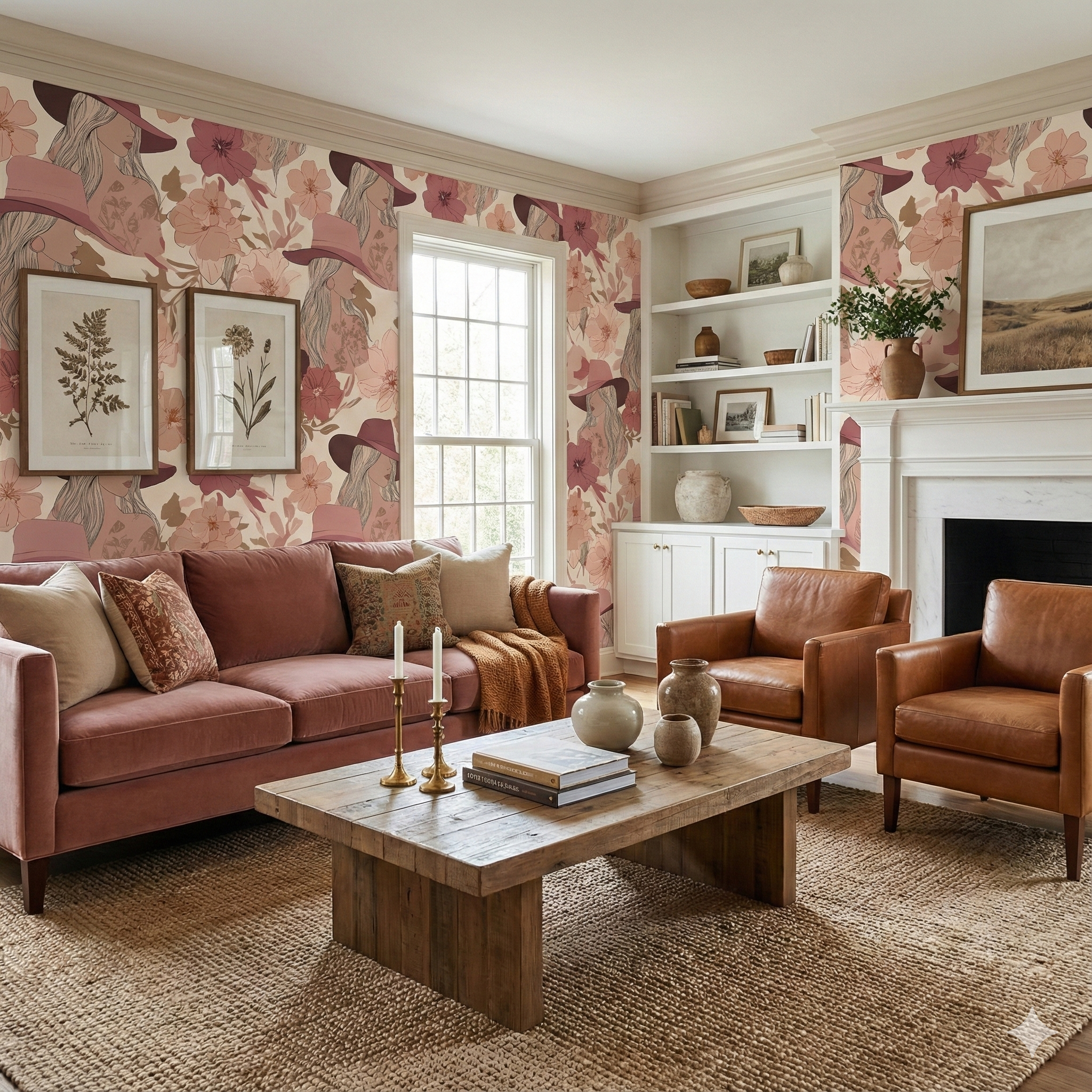 Mariposa Bandita wallpaper with feminine and floral design, covering the walls in a styled living room interior.
